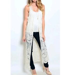 On Creme Lace Crochet‎ Swim Cover Up Sleeveless Open Long Cream Duster Small